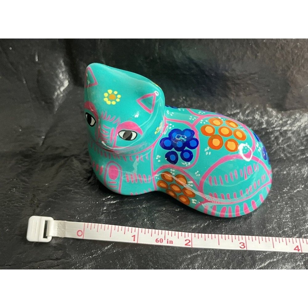 Vintage Mexican Talavera Pottery Handprinted Cat 4" Folk Art Glazed Colorful - Picture 7 of 7
